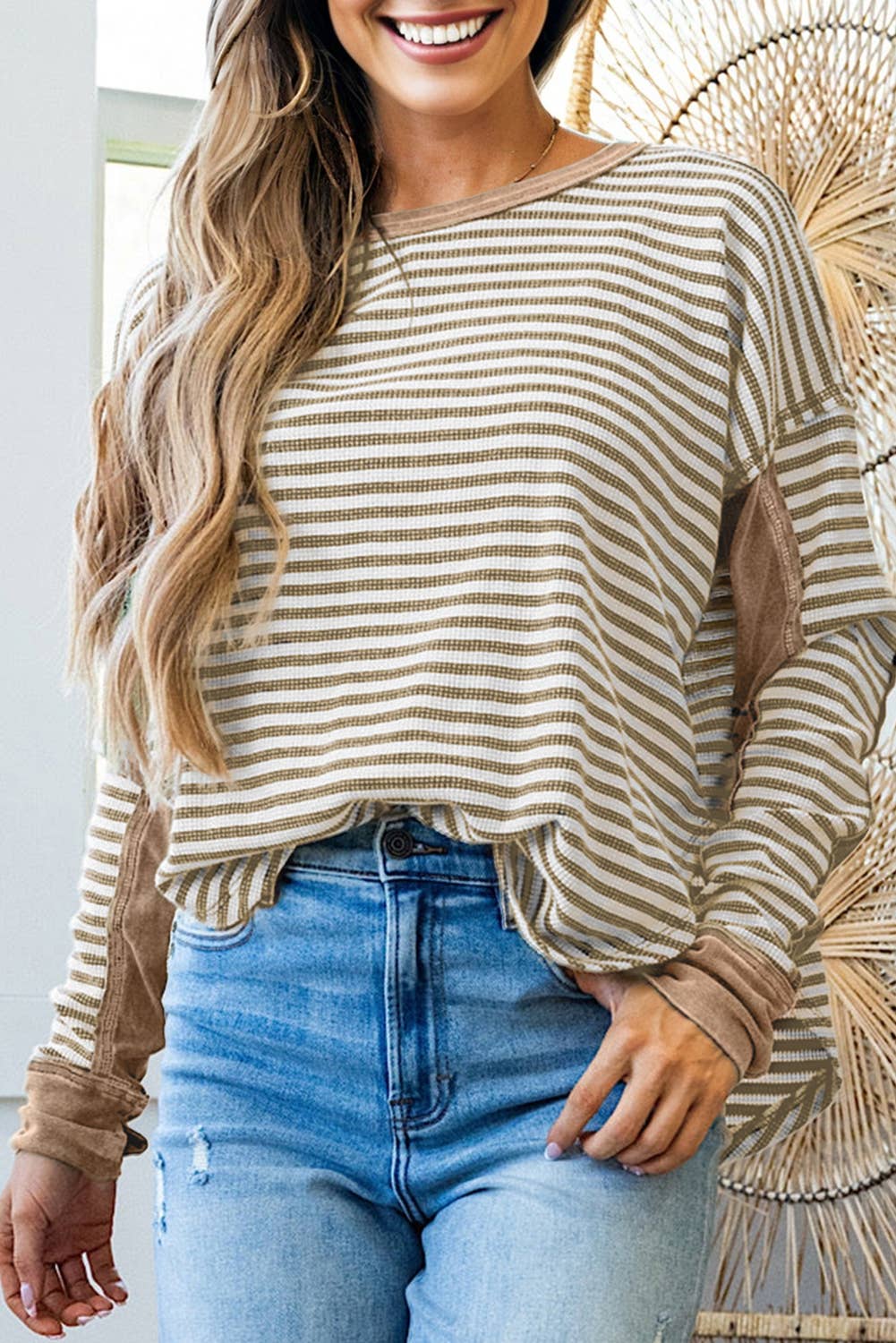 Fall 2025 Stripe Thermal Knit Drop Shoulder Casual Top