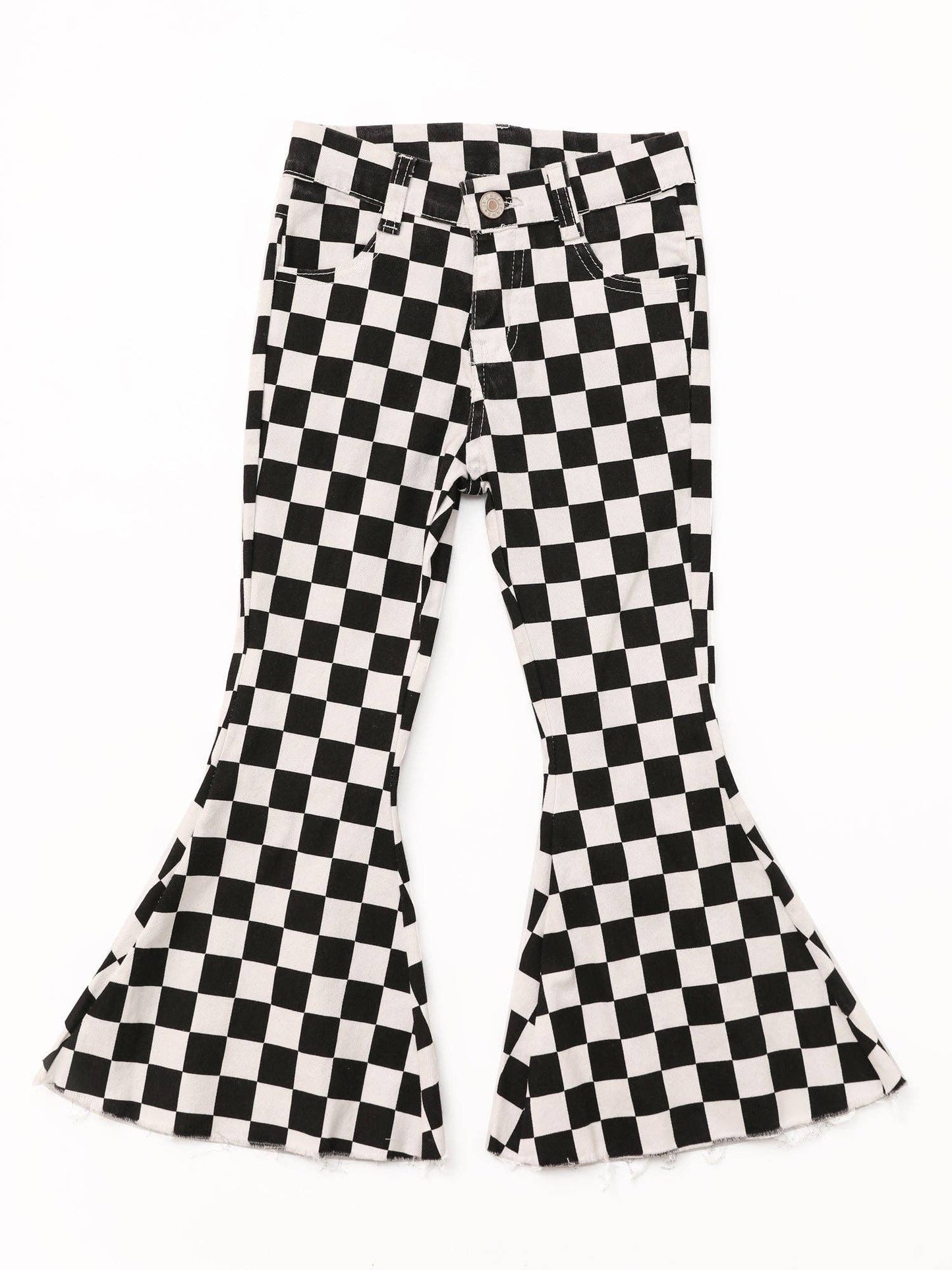 Girls Black Checked Flare Jeans
