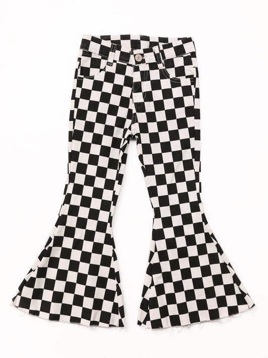 Girls Black Checked Flare Jeans