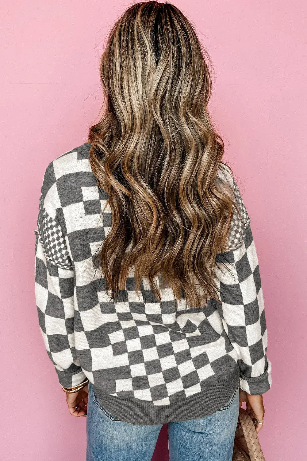 Checkered Drop Shoulder Round Neck Sweater